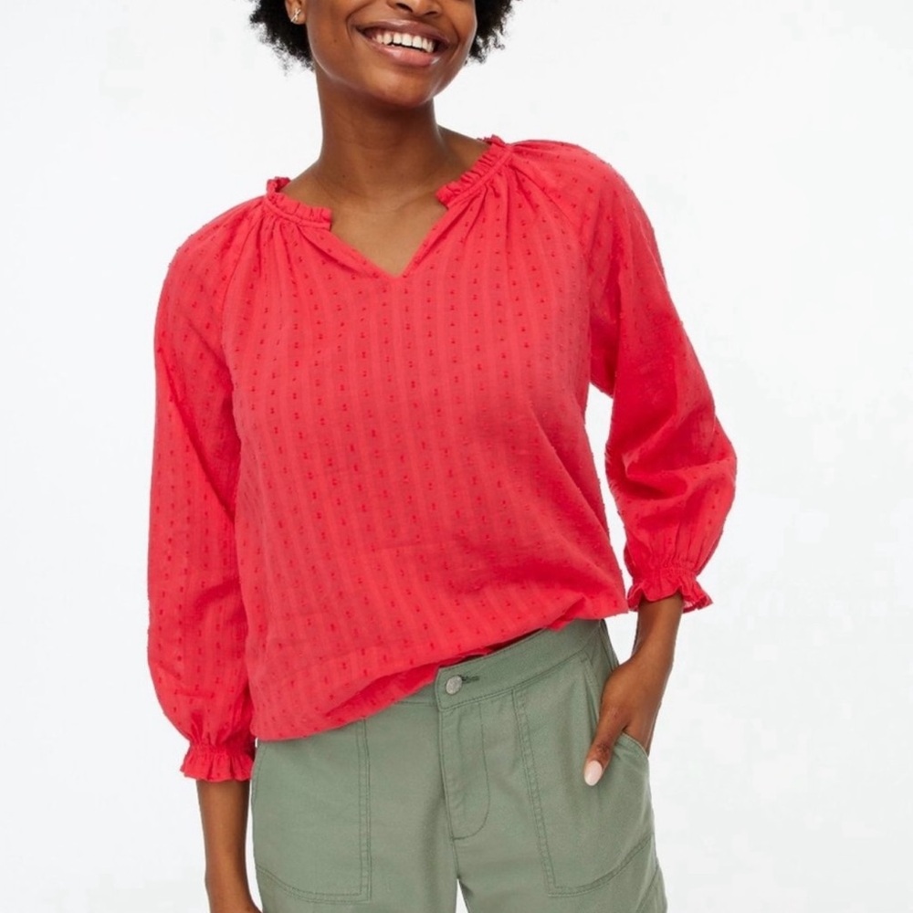 J.CREW Scarlet Coral Textured Cotton Blouse with Ruffle Neckline – Size X Small